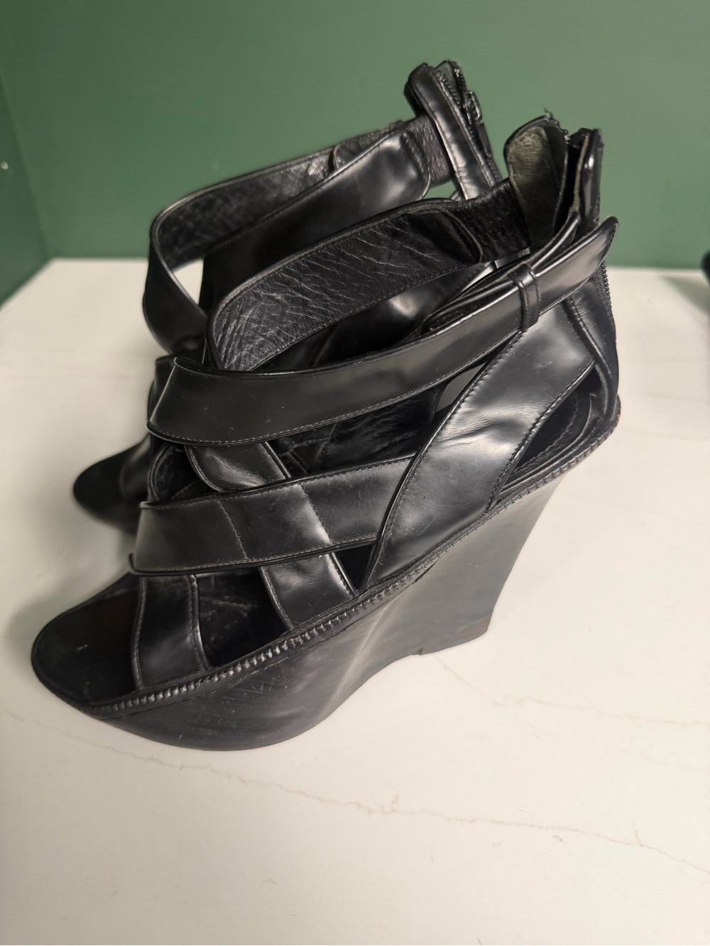 Archival Vintage Givenchy by Ricardo Tischi Women's Black Leather Strappy Wedge